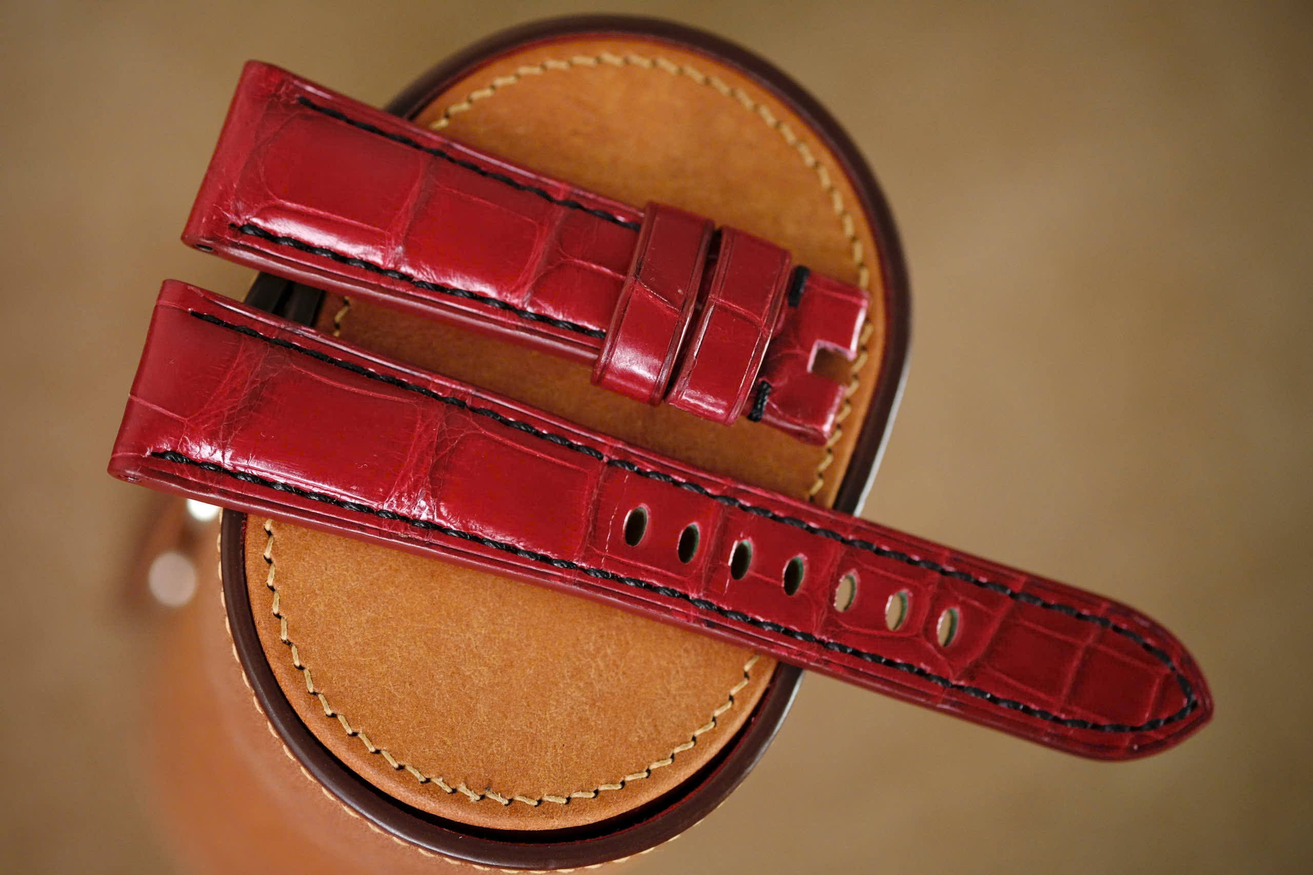Handmade Red Crocodiles strap for Panerai black stitching
