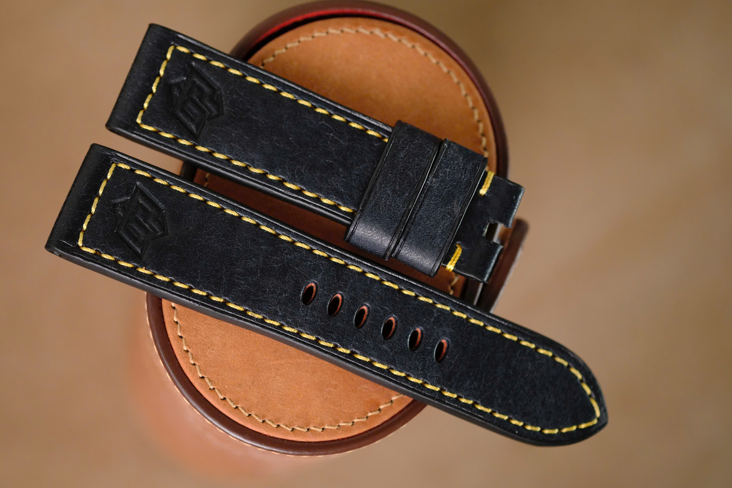 Handmade black Pueblo strap for Panerai yellow stitching