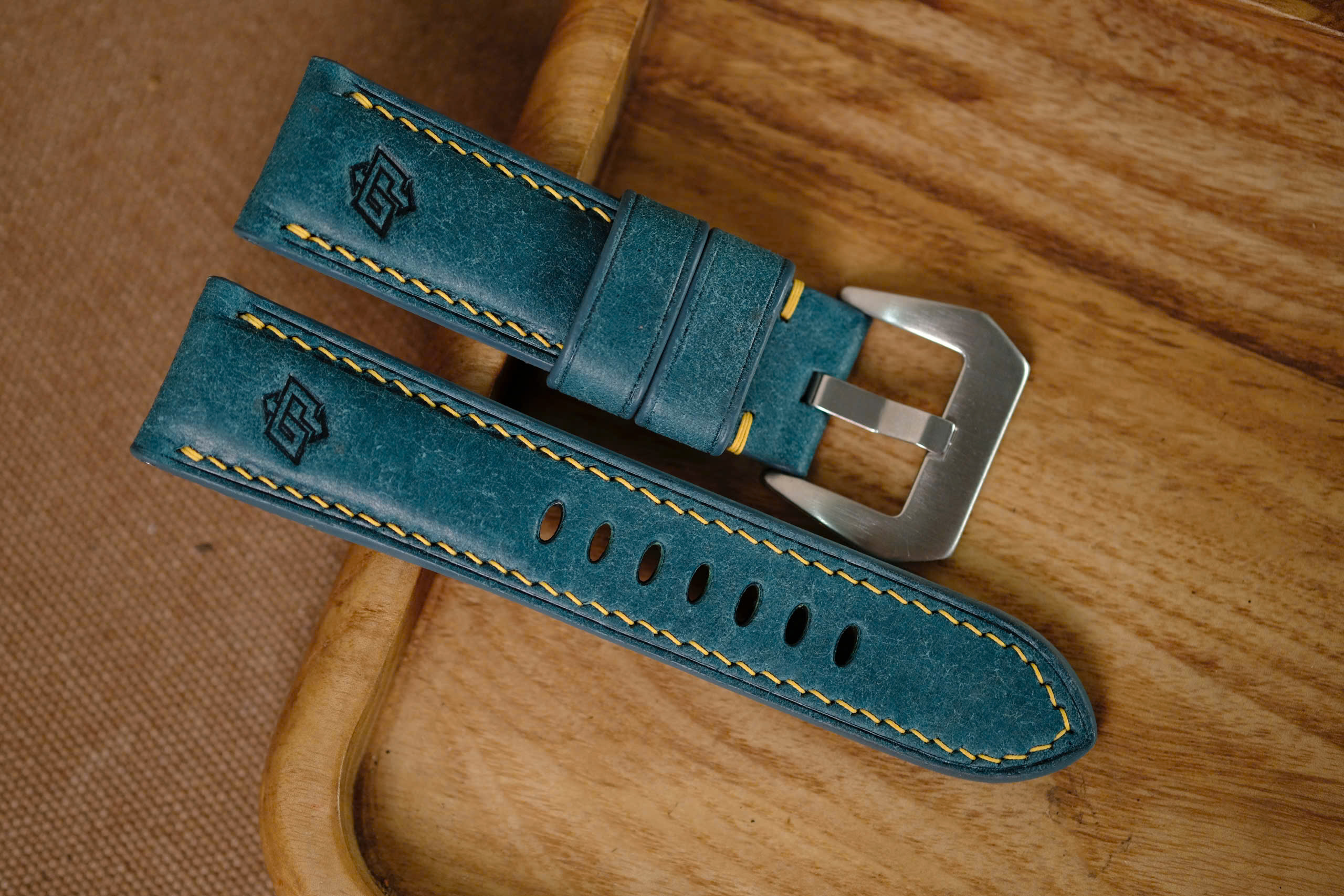 Handmade Green Pueblo strap for Panerai yellow stitching