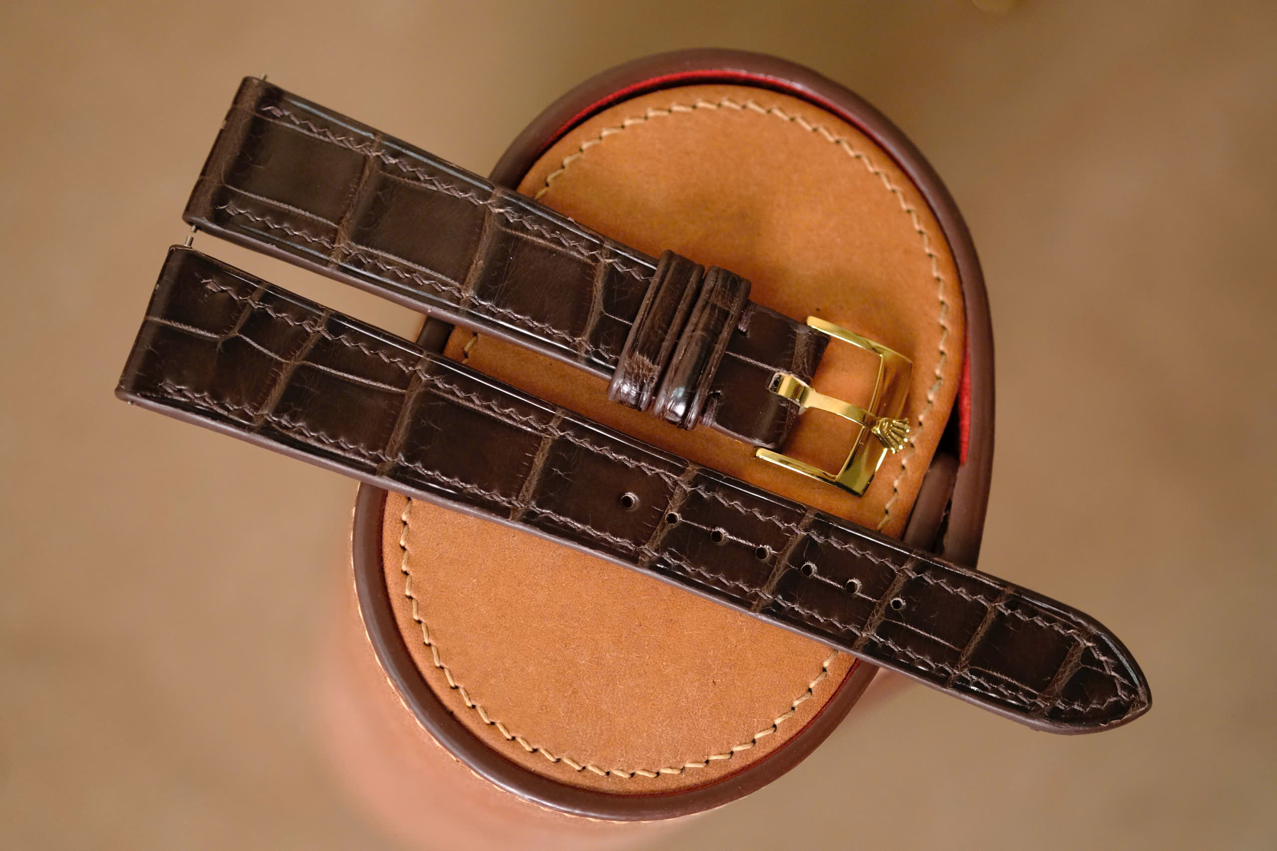 Handmade brown strap for Rolex with brown stitching